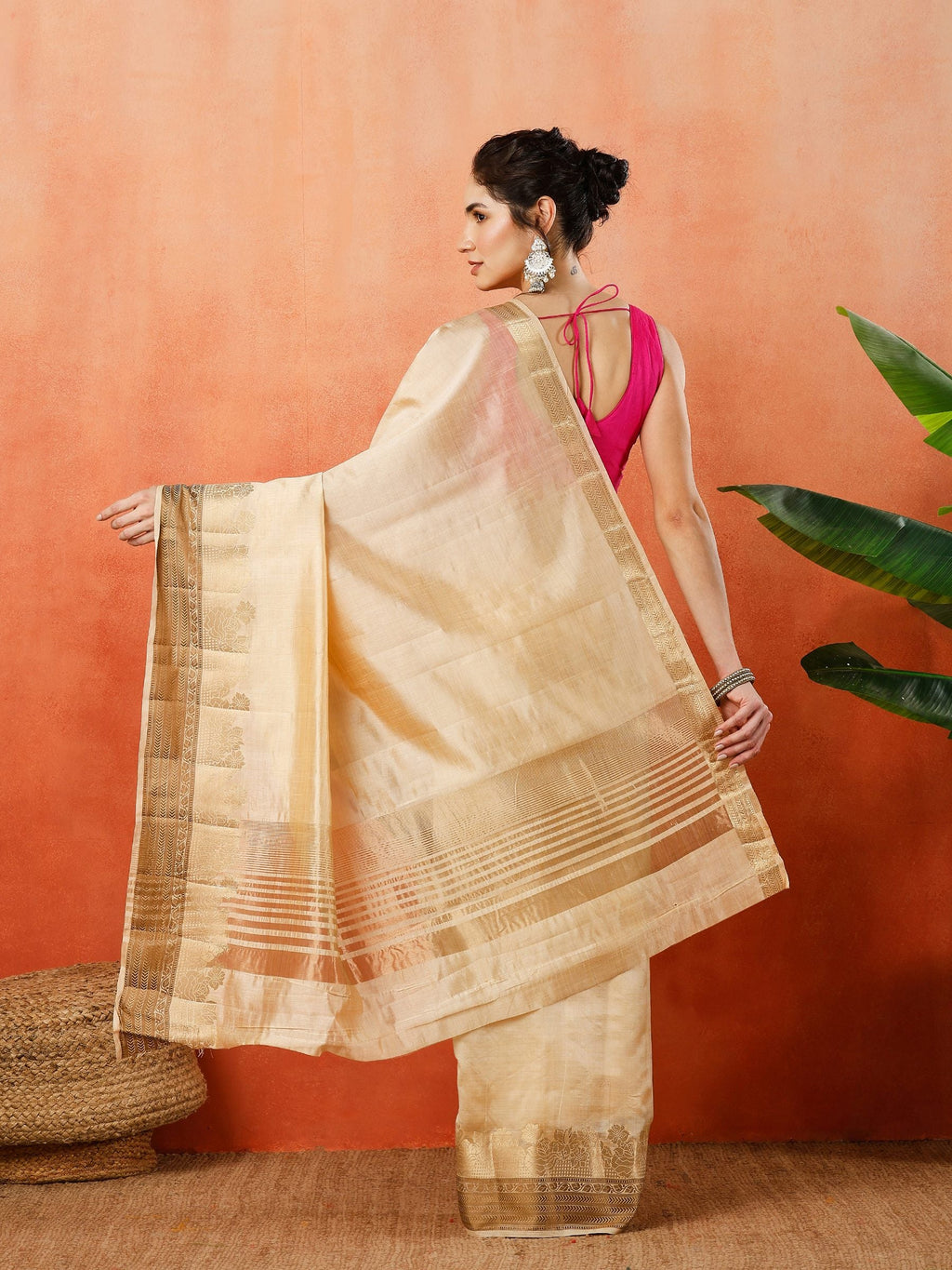 Beige Zari Work Art Silk Saree