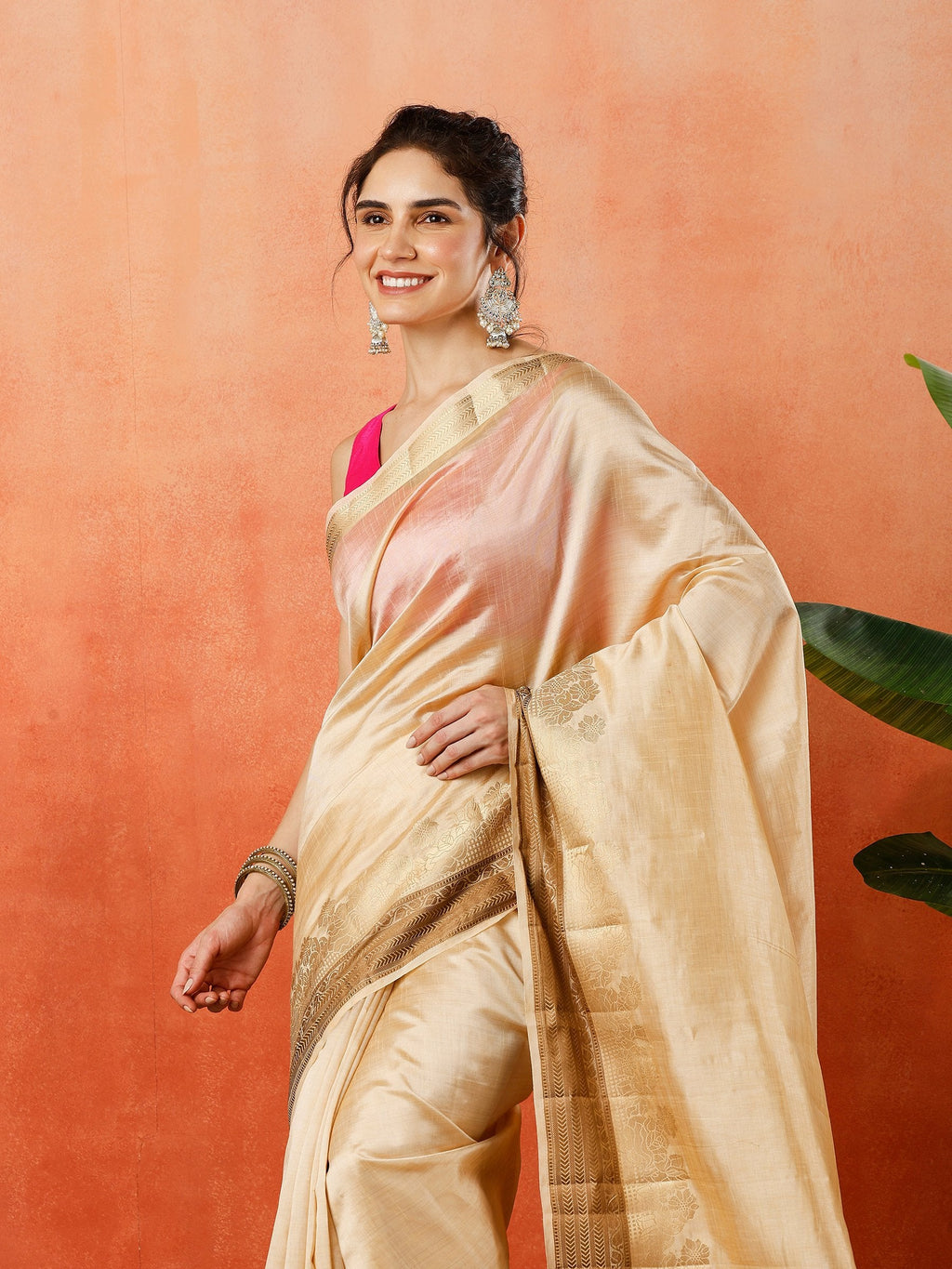 Beige Zari Work Art Silk Saree