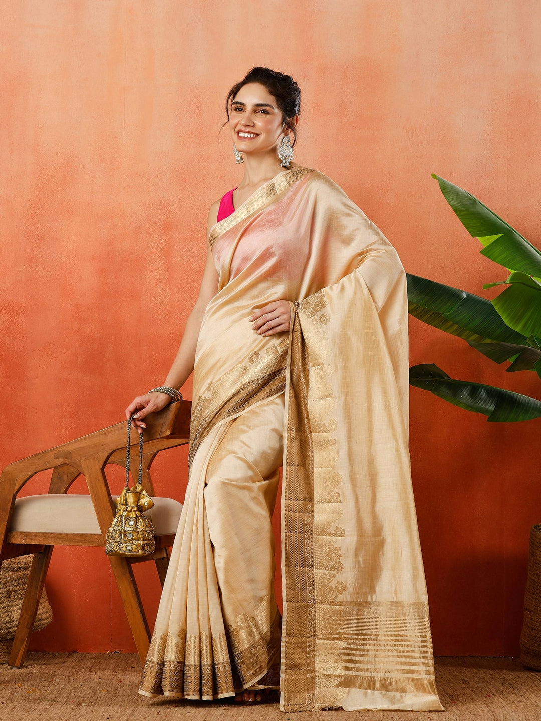 Beige Zari Work Art Silk Saree