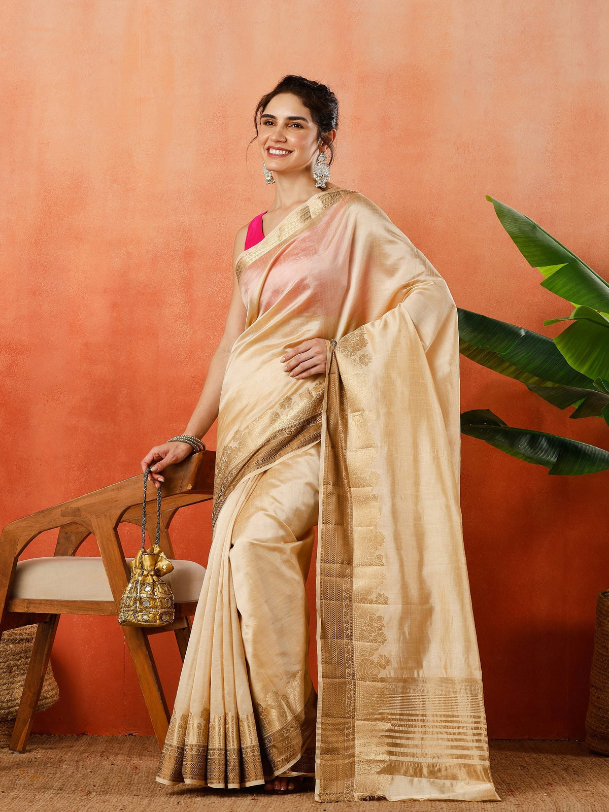 Beige Zari Work Art Silk Saree