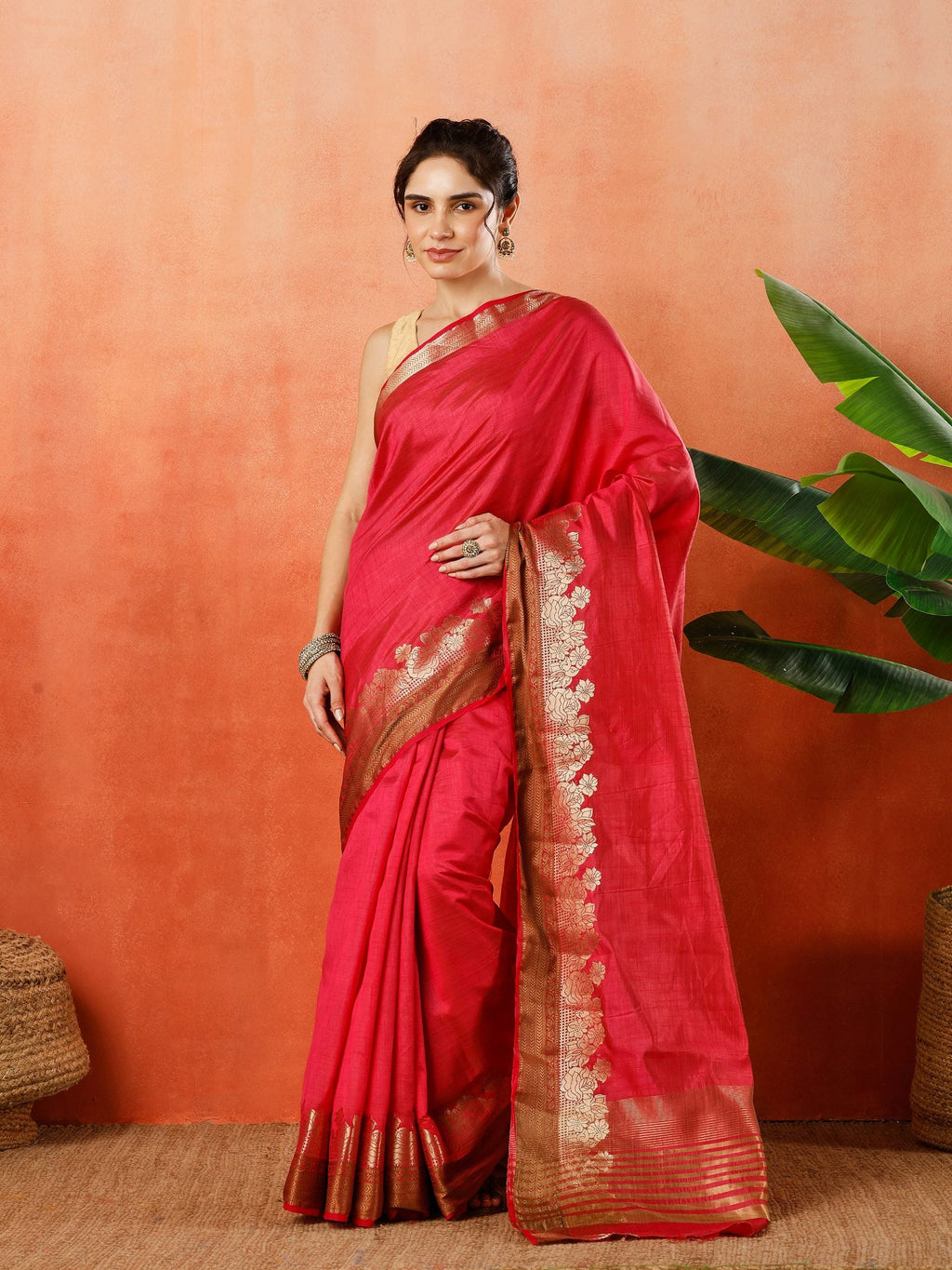 Hot Pink Zari Work Art Silk Saree