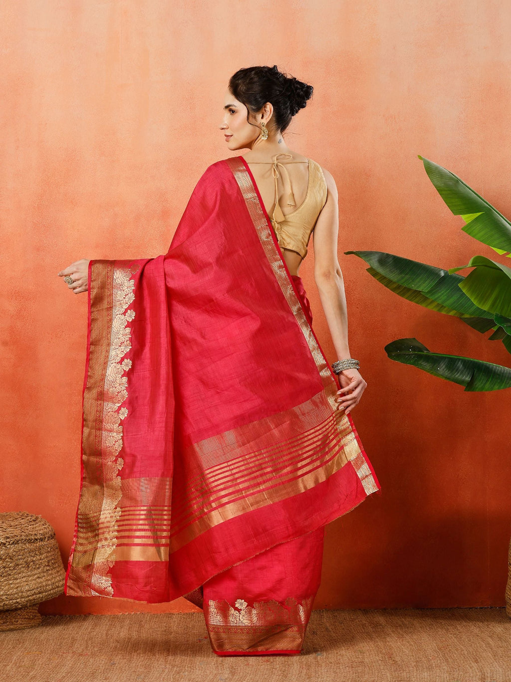 Hot Pink Zari Work Art Silk Saree