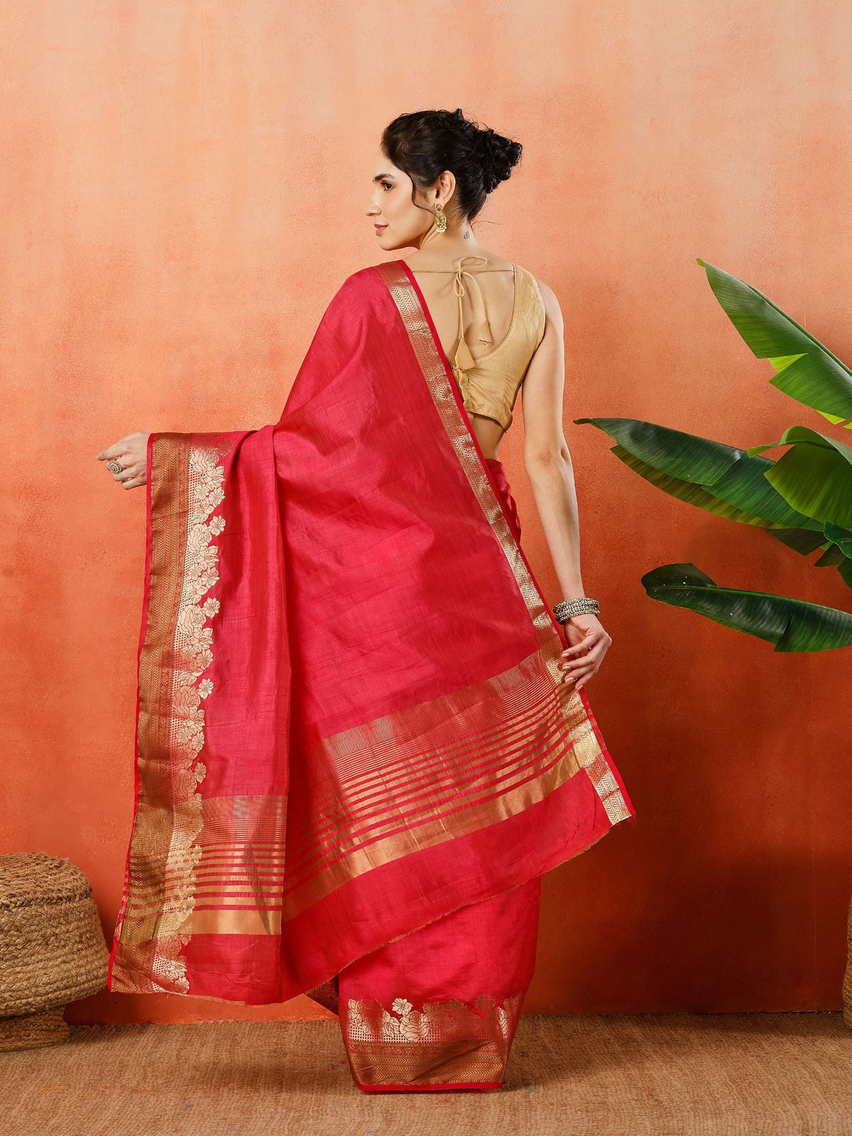 Hot Pink Zari Work Art Silk Saree