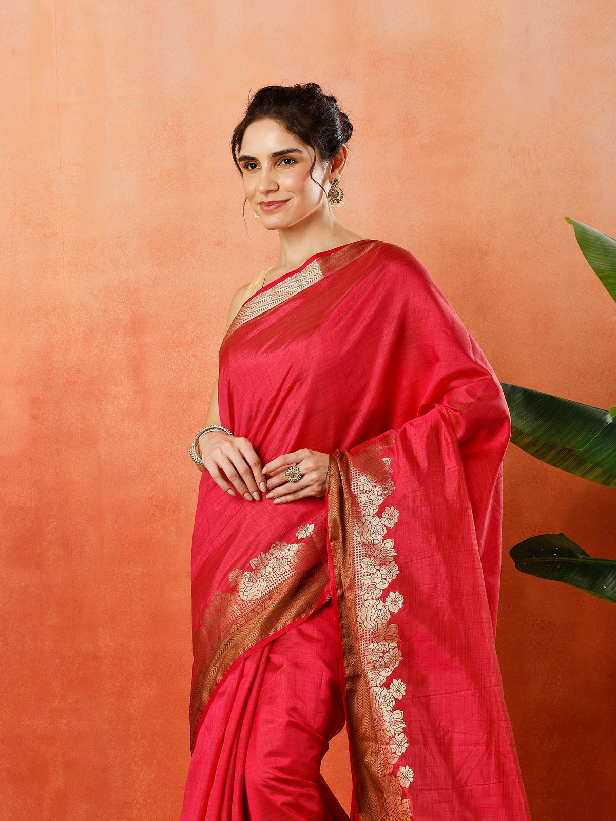 Hot Pink Zari Work Art Silk Saree