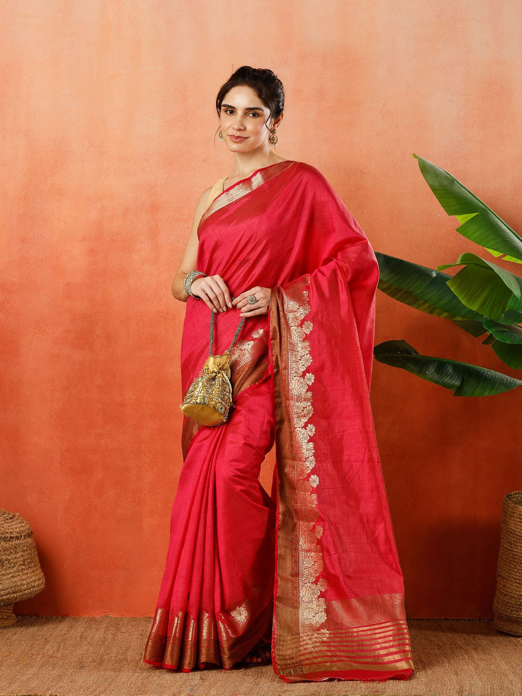 Hot Pink Zari Work Art Silk Saree
