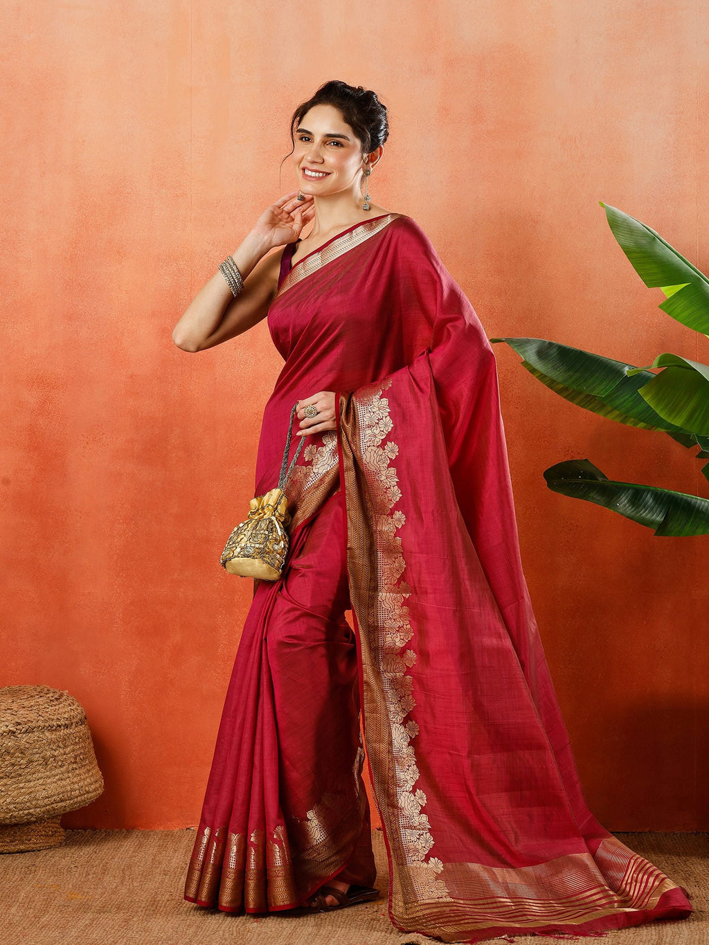 Wine Zari Work Art Silk Saree