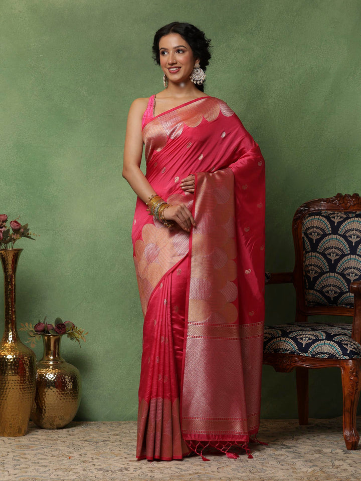 Hot Pink Woven Design Art Silk Saree