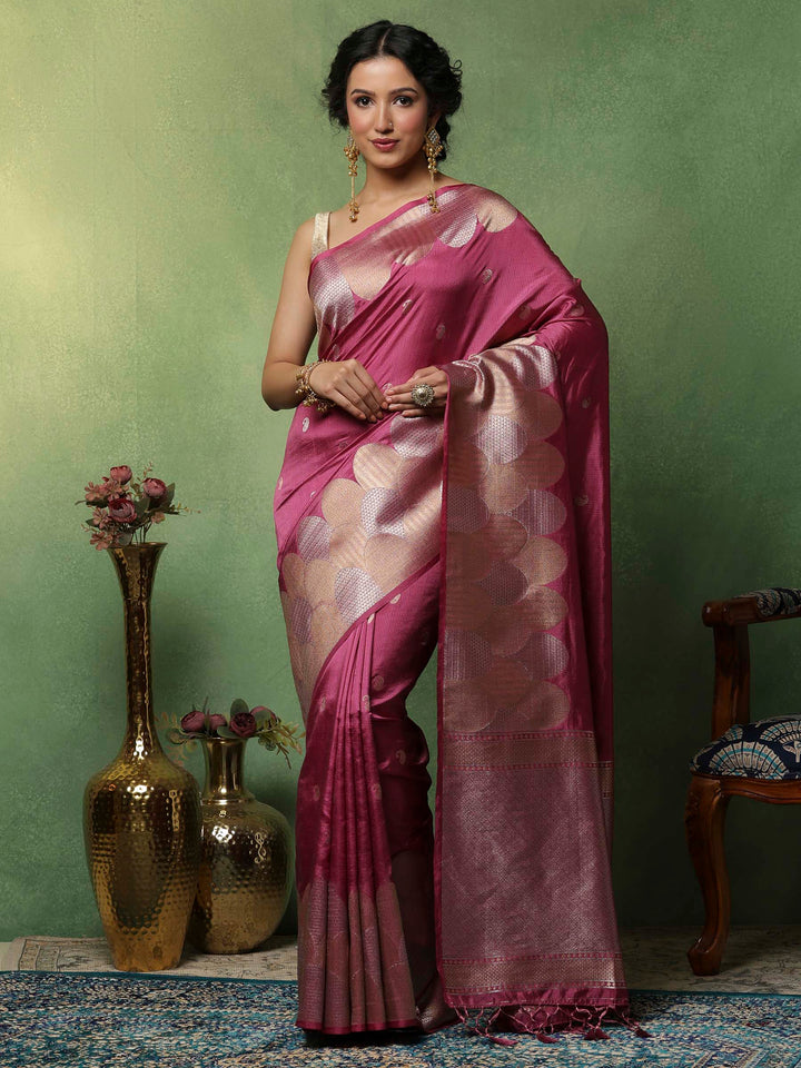 Magenta Woven Design Art Silk Saree