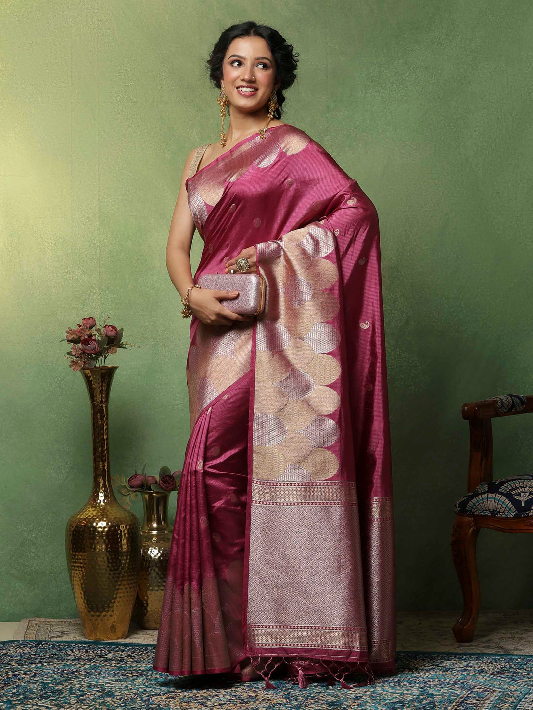 Magenta Woven Design Art Silk Saree