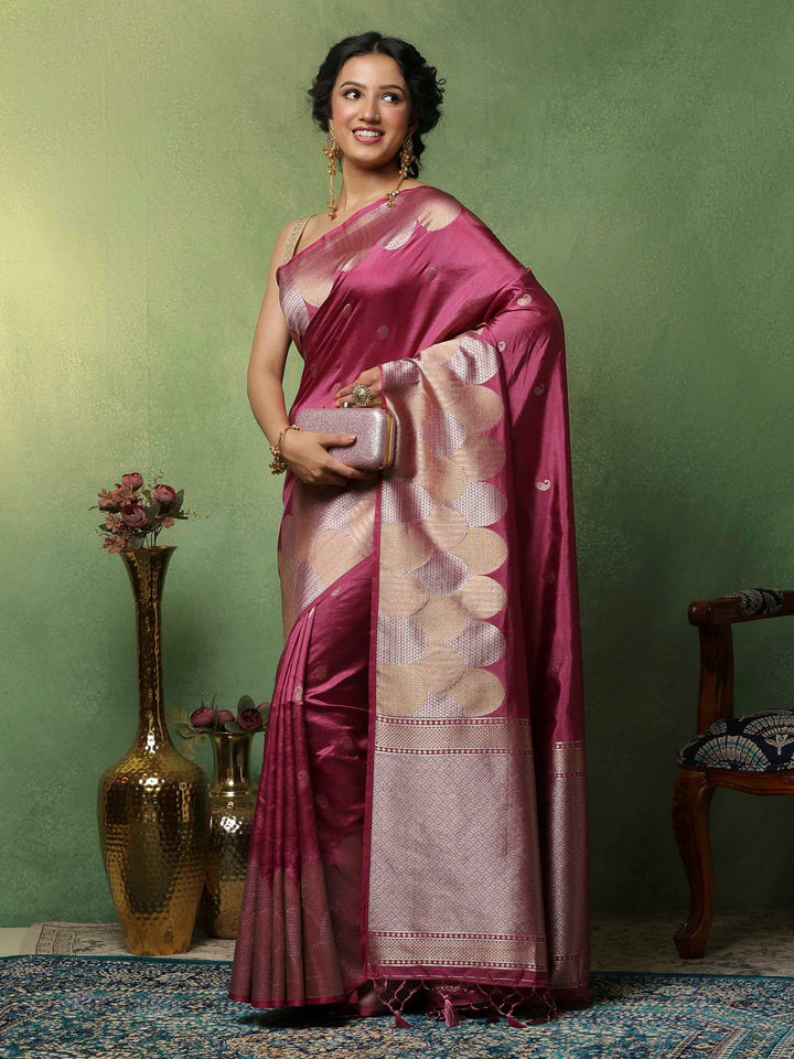 Magenta Woven Design Art Silk Saree