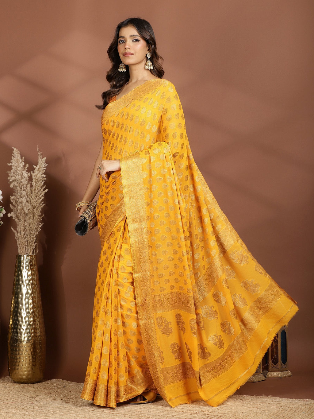 Mustard Embroidered Georgette Saree