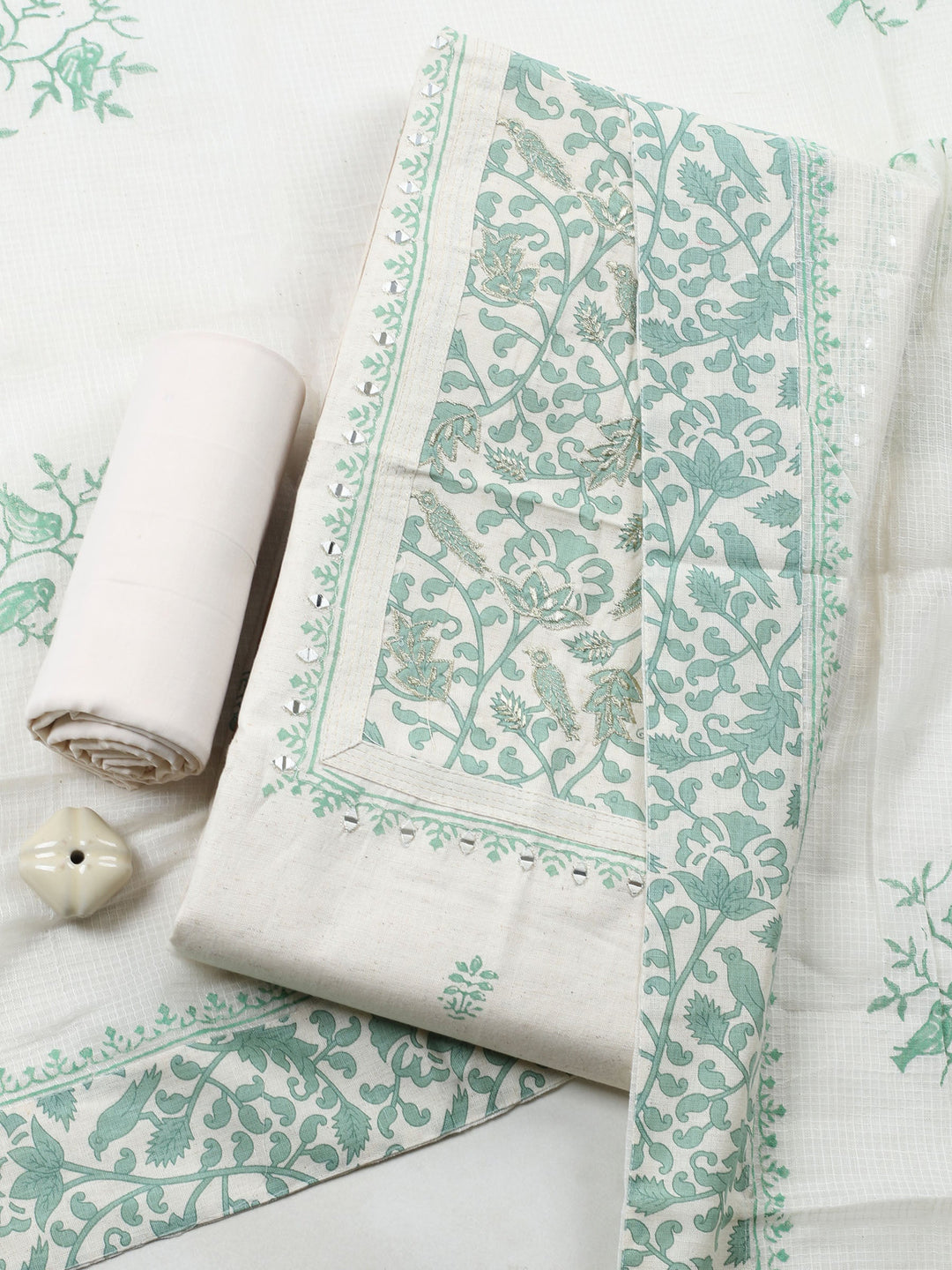 Cream Green Embroidered Cotton Blend Unstitched Suit &amp; Pant With Cotton Dupatta