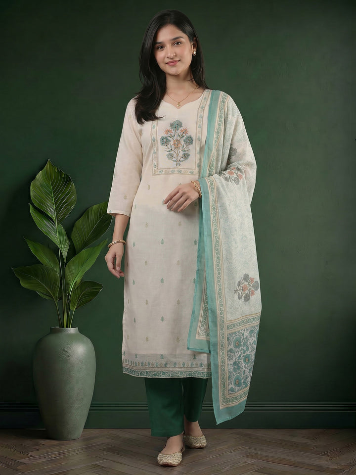 Cream Green Printed Cotton Blend Suit Set