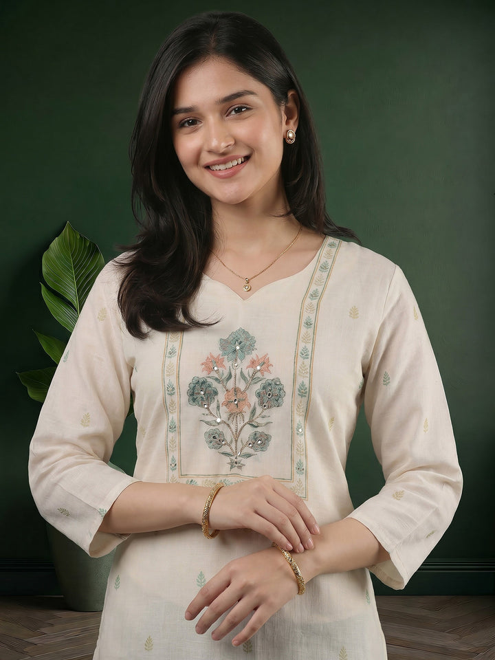 Cream Green Printed Cotton Blend Suit Set