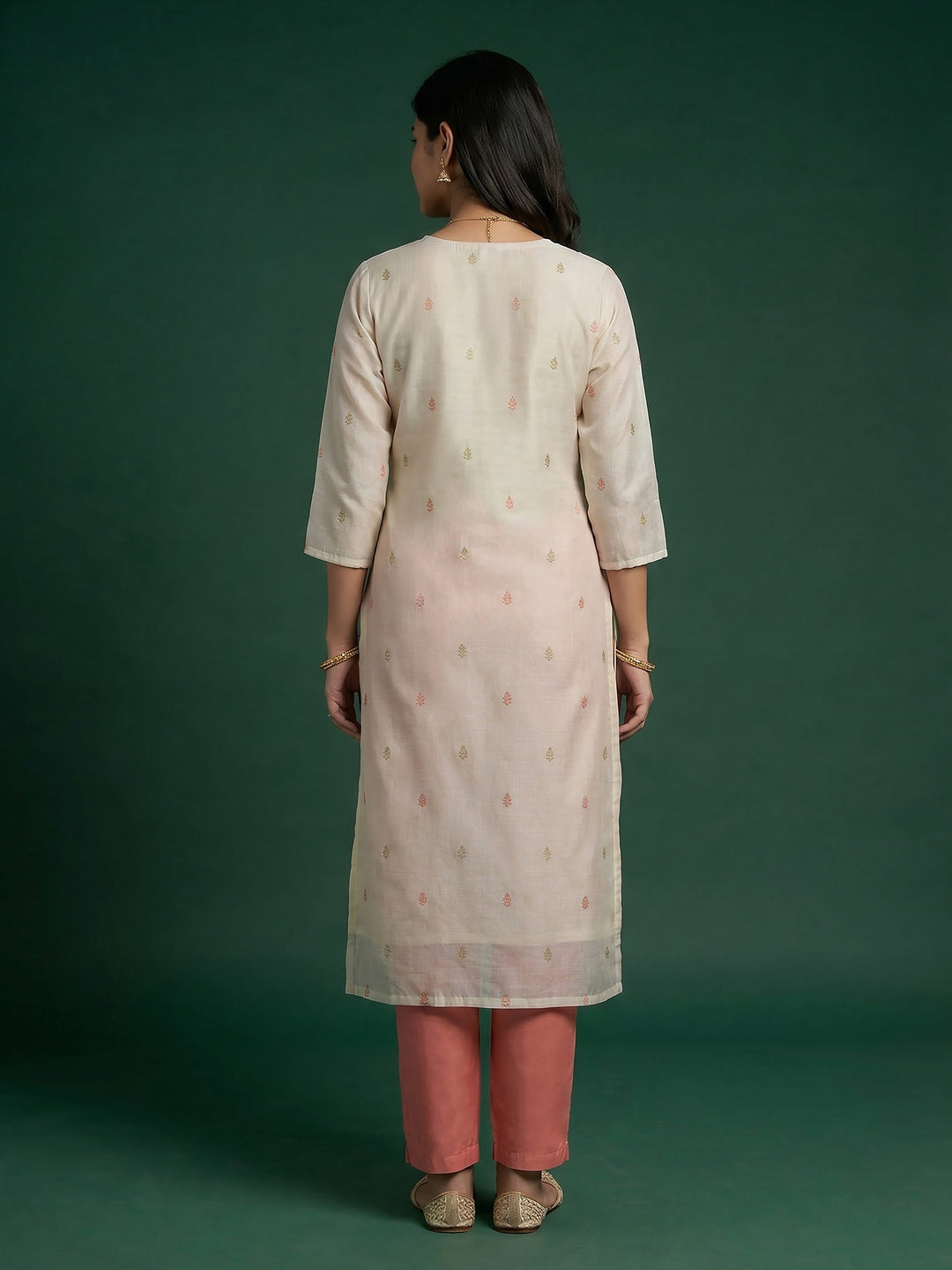 Cream Pink Printed Cotton Blend Suit Set