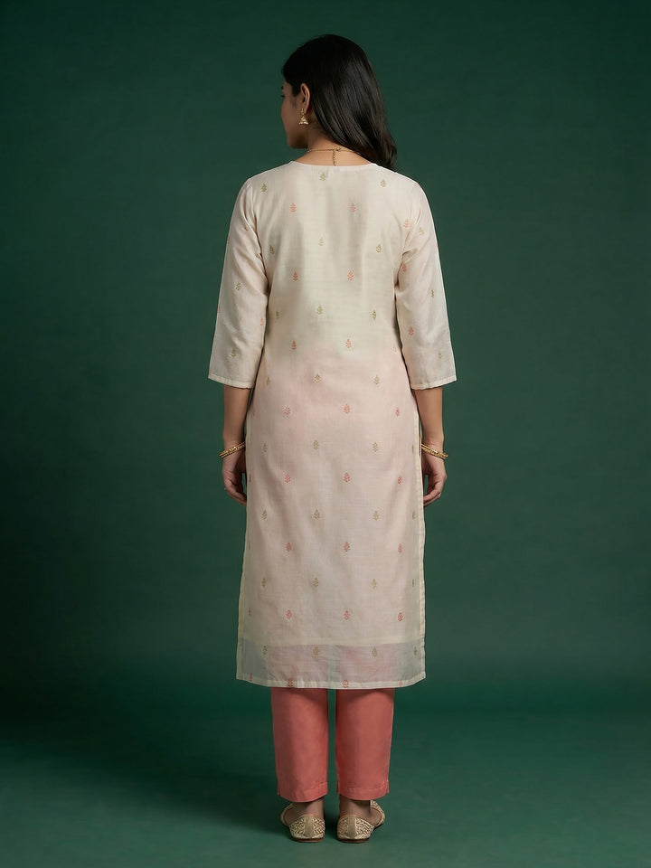 Cream Pink Printed Cotton Blend Suit Set