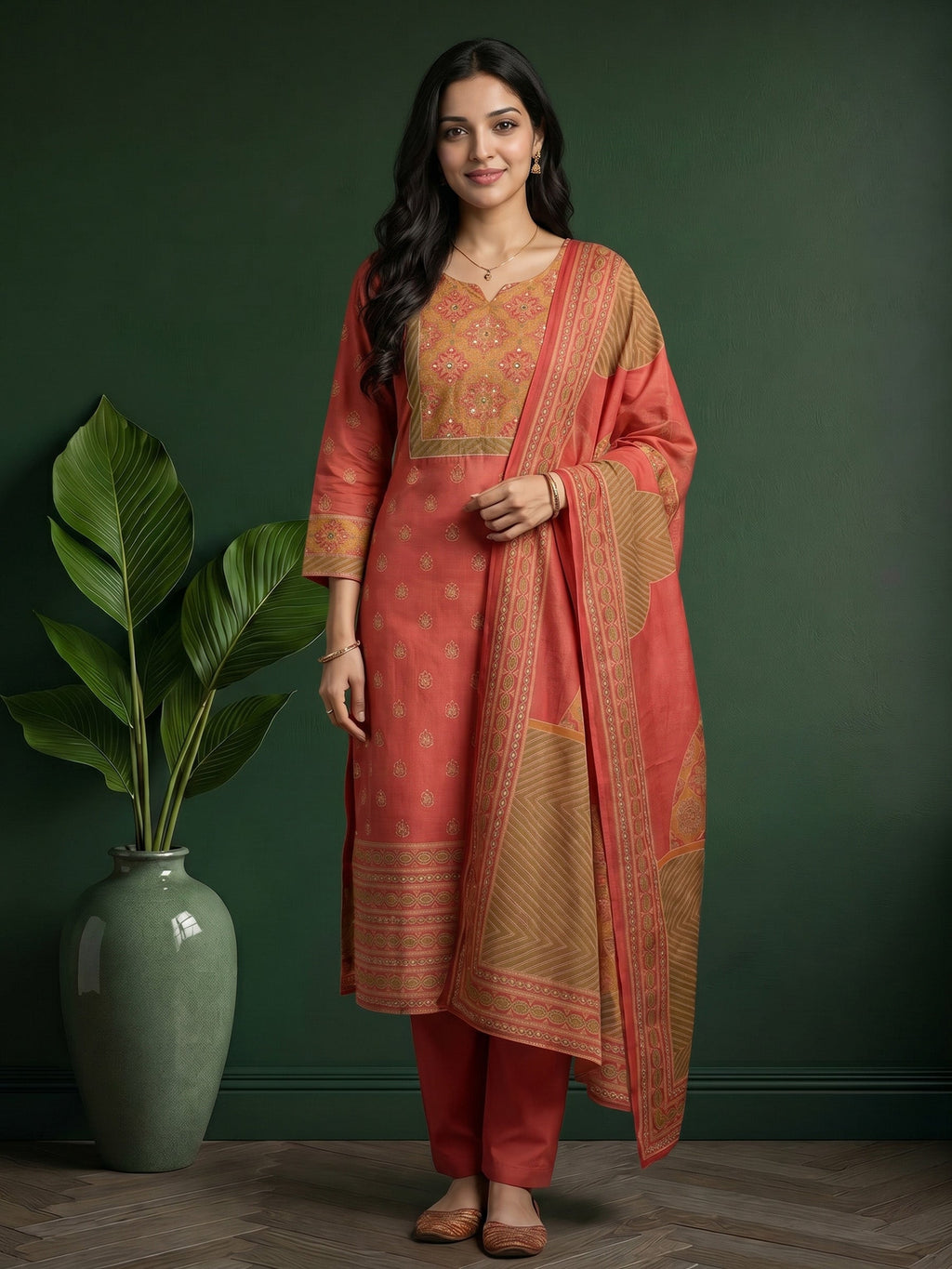 Dull Pink Printed Cotton Blend Kurta With Pant & Dupatta