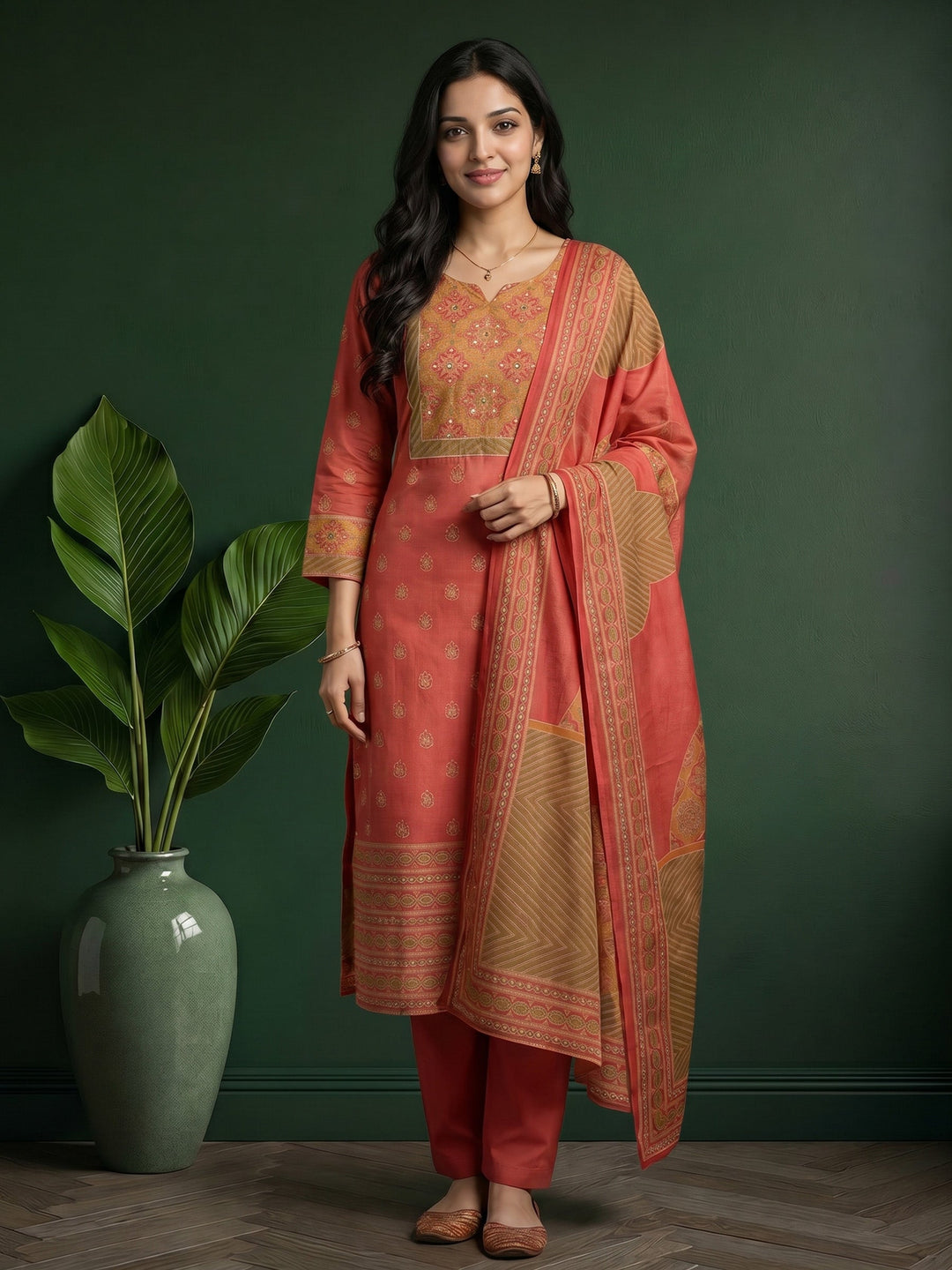 Dull Pink Printed Cotton Blend Kurta With Pant &amp; Dupatta