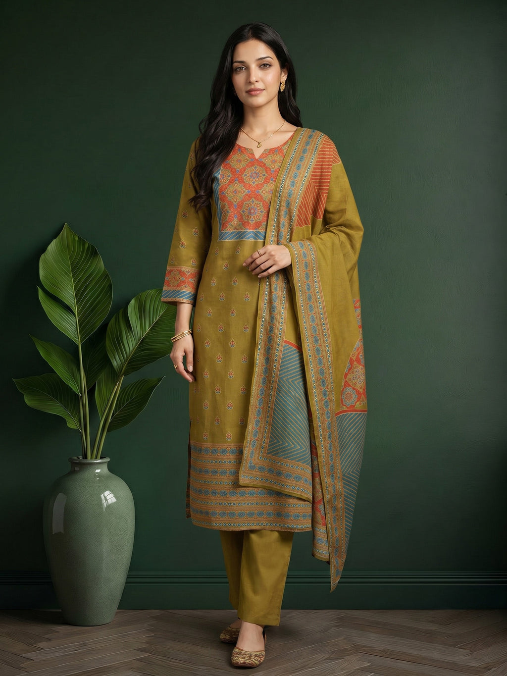 Mehndi Printed Cotton Blend Kurta With Pant & Dupatta
