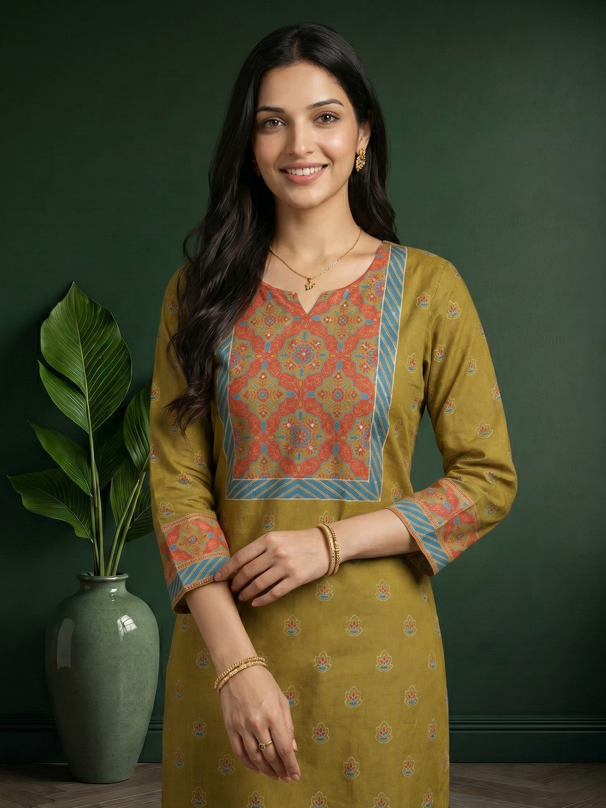 Mehndi Printed Cotton Blend Kurta With Pant & Dupatta
