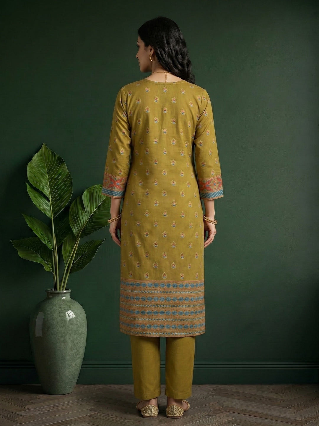 Mehndi Printed Cotton Blend Kurta With Pant &amp; Dupatta