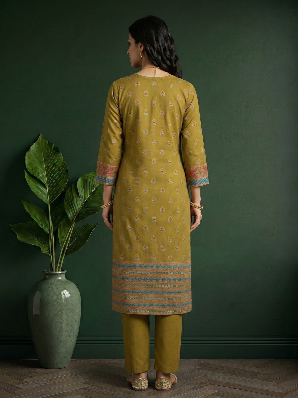 Mehndi Printed Cotton Blend Kurta With Pant & Dupatta