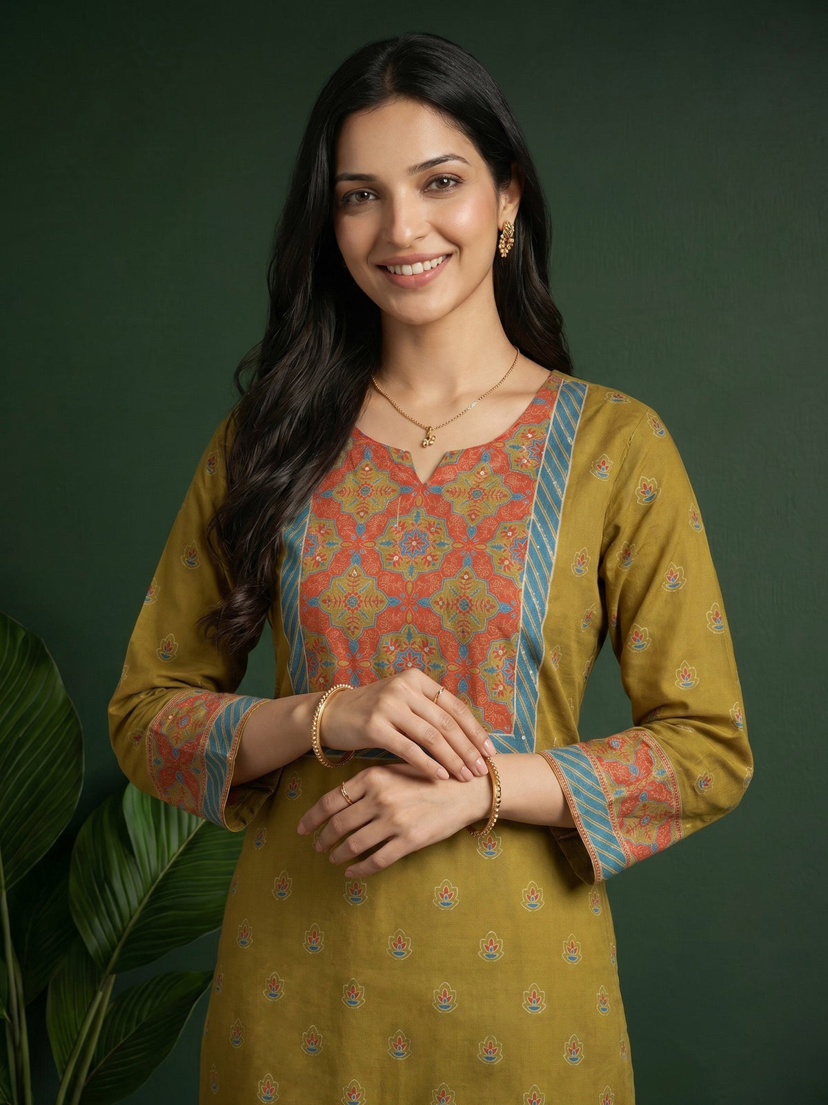 Mehndi Printed Cotton Blend Kurta With Pant & Dupatta