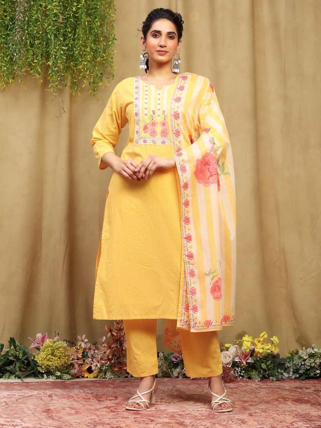 Mustard Printed Cotton Blend Kurta With Pant & Dupatta
