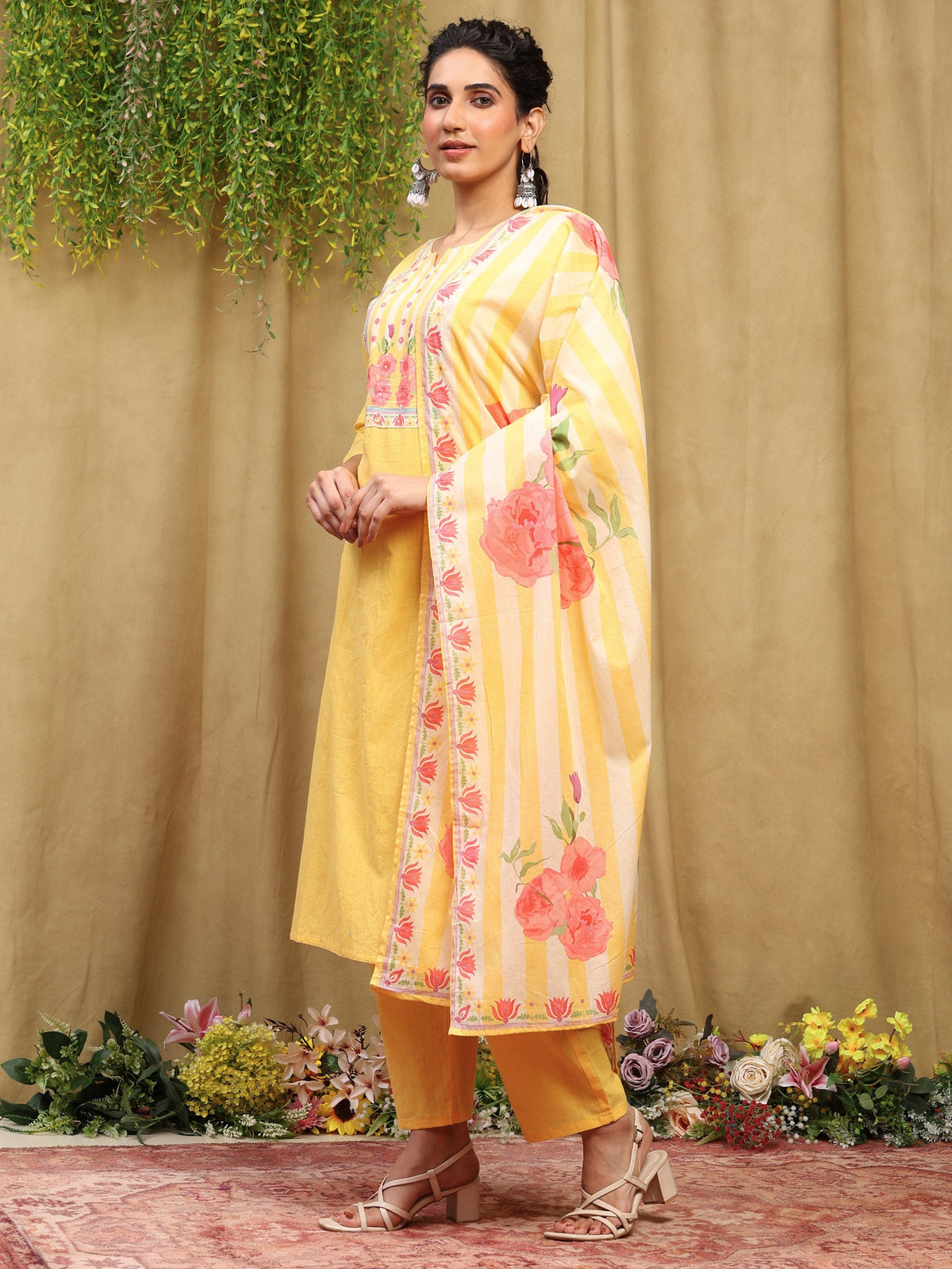 Mustard Printed Cotton Blend Kurta With Pant & Dupatta