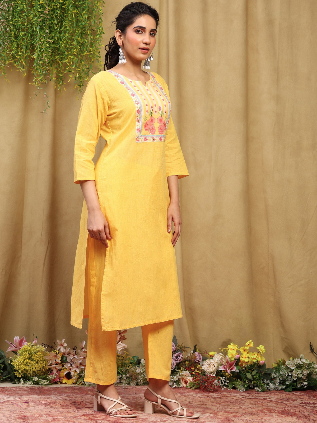 Mustard Printed Cotton Blend Kurta With Pant & Dupatta