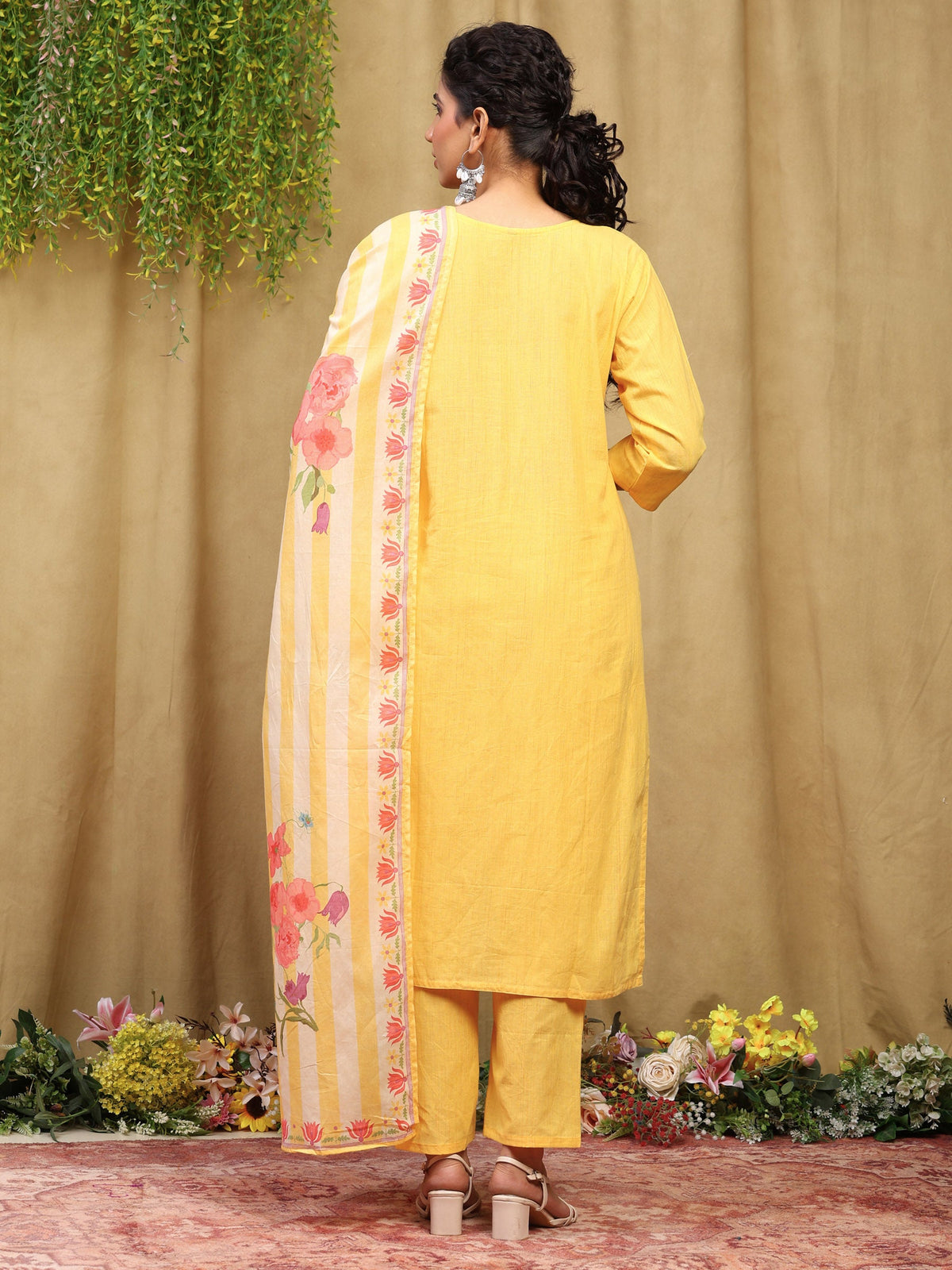 Mustard Printed Cotton Blend Kurta With Pant & Dupatta