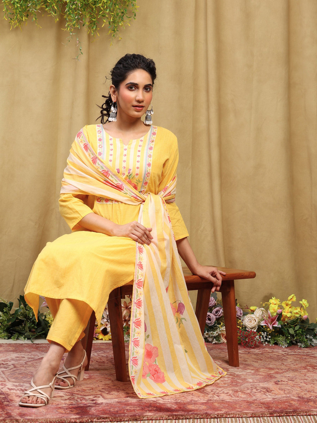 Mustard Printed Cotton Blend Kurta With Pant & Dupatta