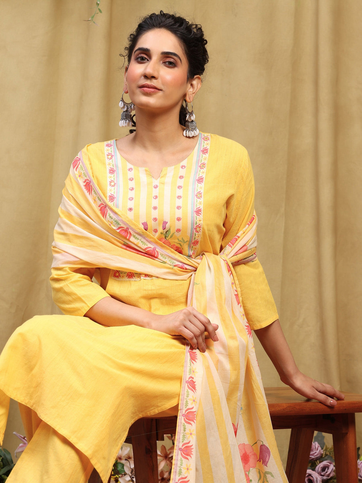 Mustard Printed Cotton Blend Kurta With Pant & Dupatta