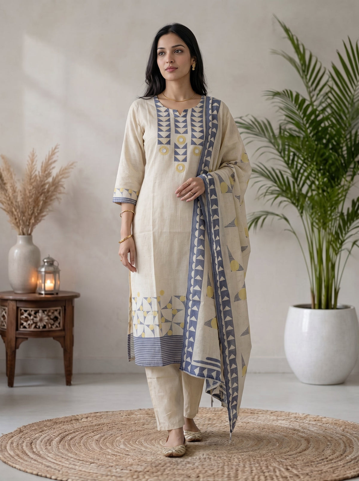 Off White Printed Cotton Blend Kurta With Pant & Dupatta
