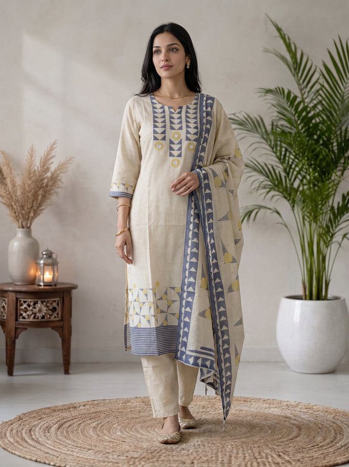 Off White Printed Cotton Blend Kurta With Pant &amp; Dupatta