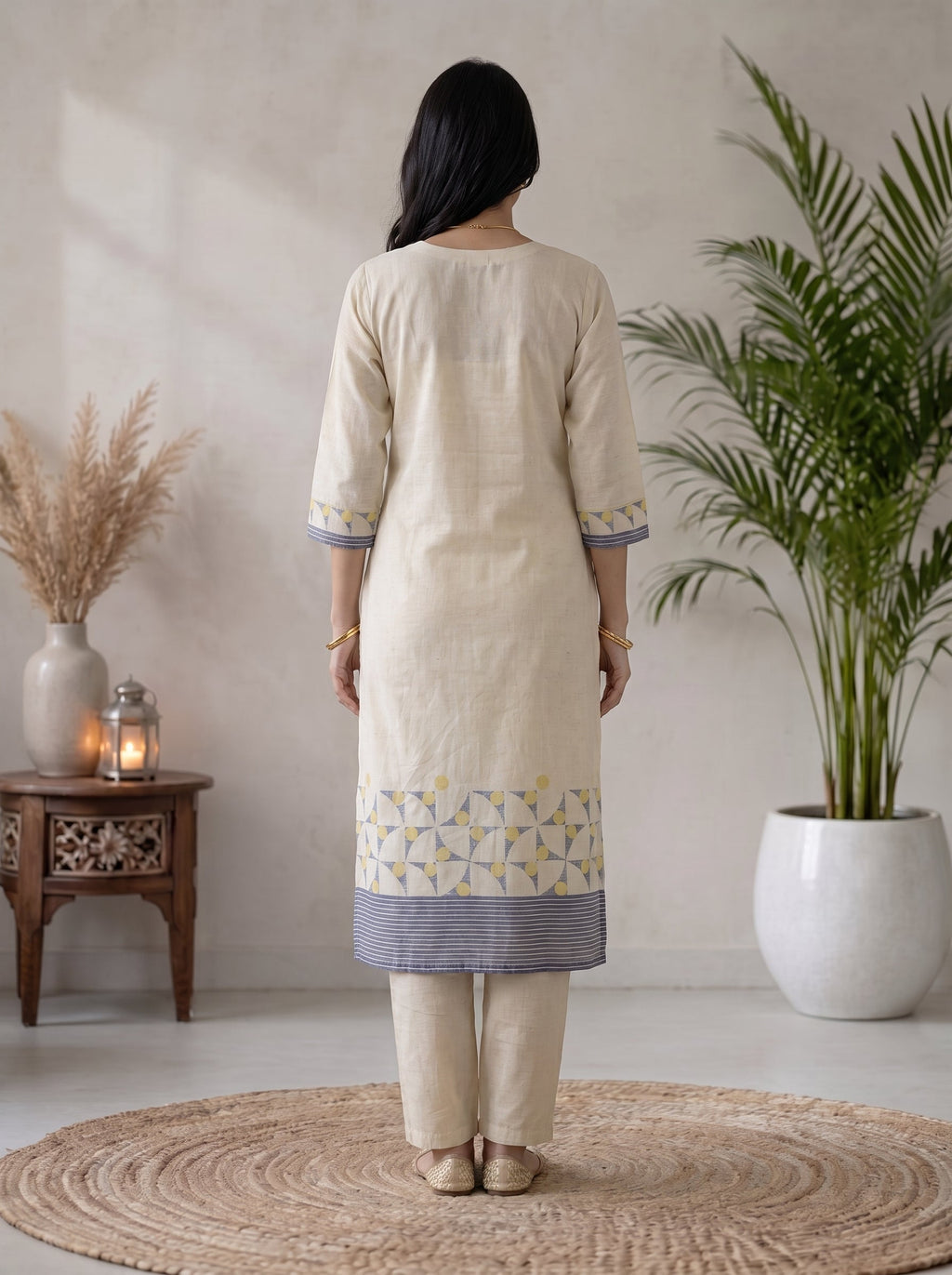 Off White Printed Cotton Blend Kurta With Pant & Dupatta