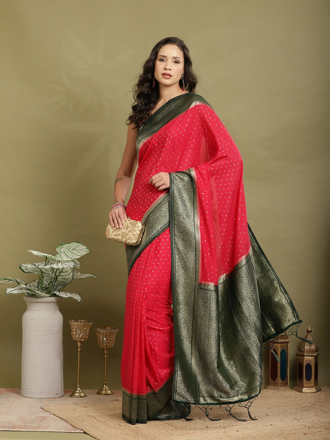 Polka Dot Woven Booti Crepe Saree