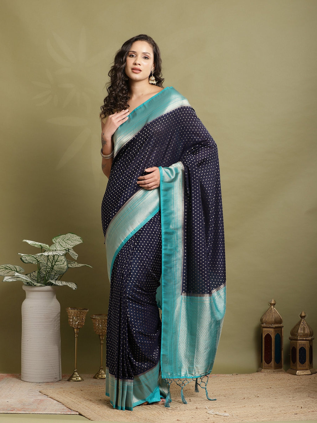 Navy Blue-Firozee Zari Jaal Crepe Saree