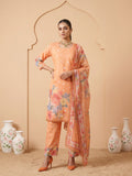 Orange Linen Floral Print Round Neck Suit Set