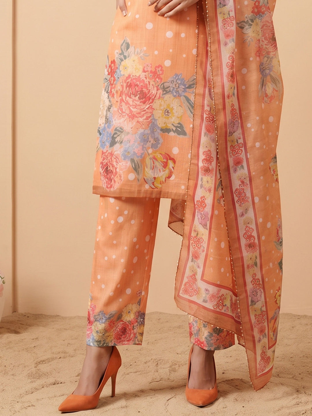 Orange Linen Floral Print Round Neck Suit Set