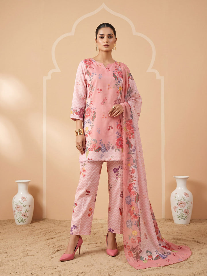 Pink Muslin Floral Print Round Neck Suit Set