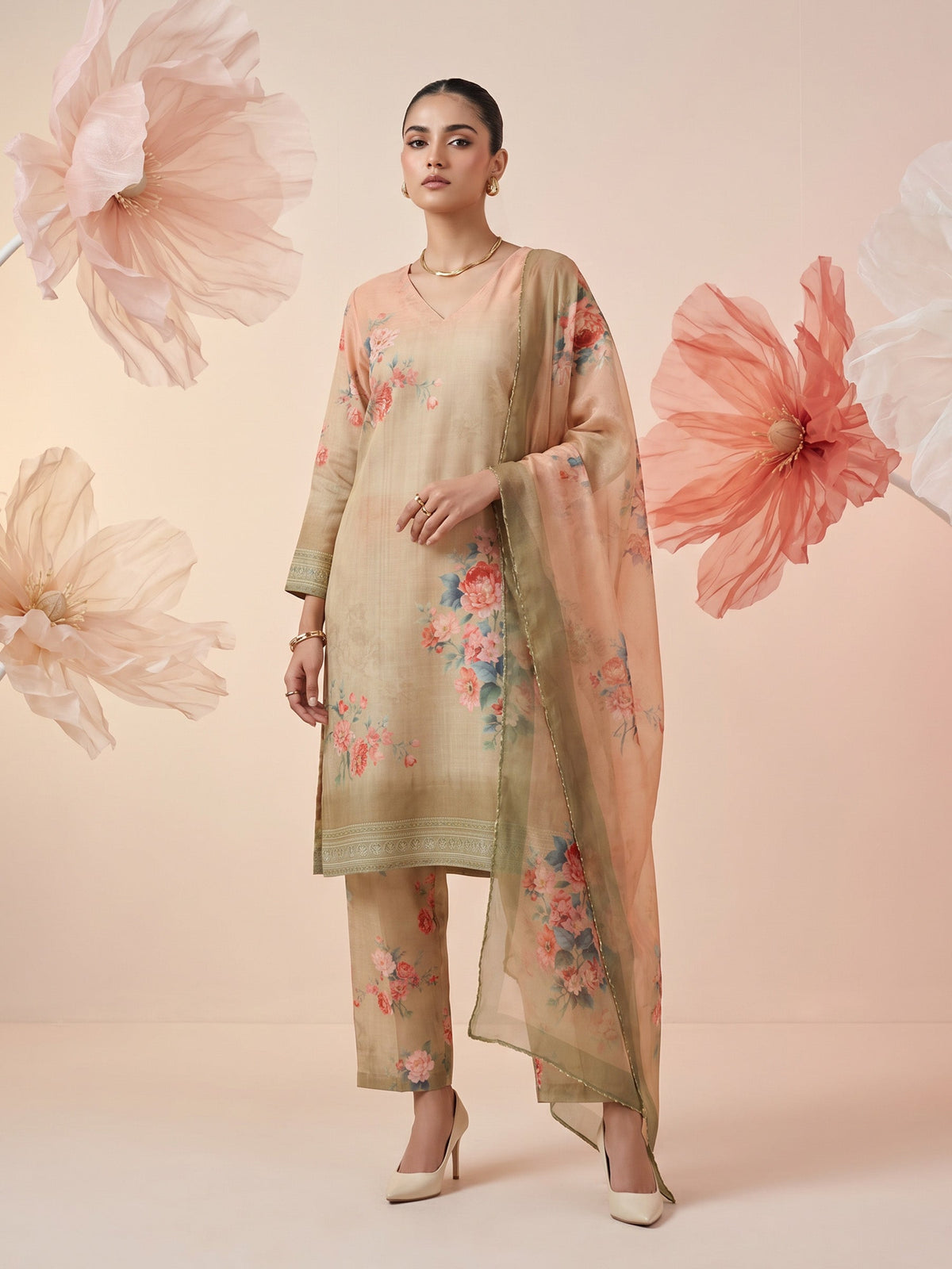 Orange Linen Floral Print V Neck Suit Set