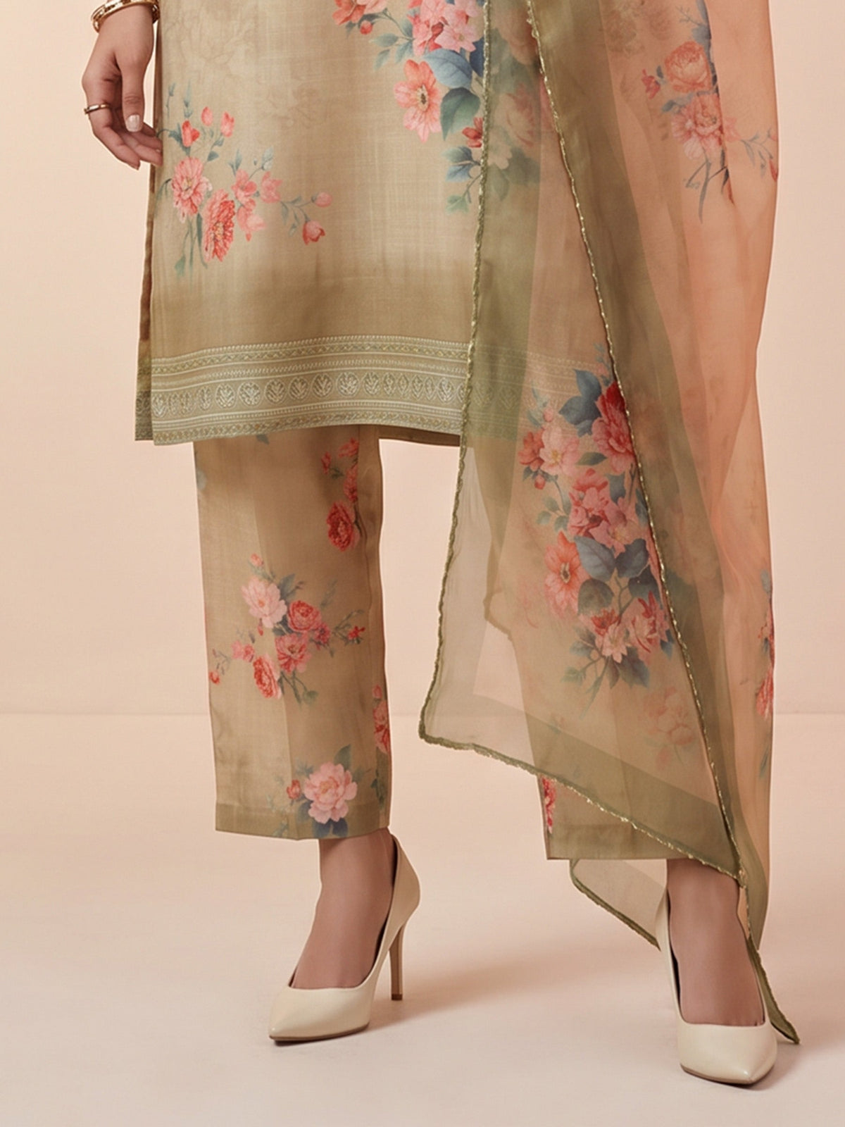 Orange Linen Floral Print V Neck Suit Set