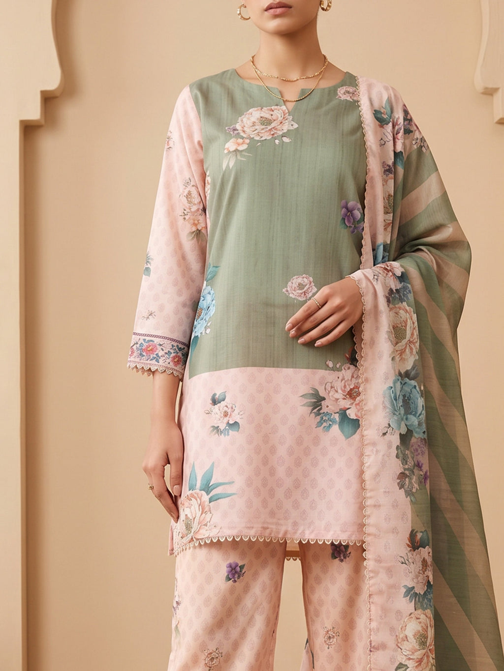 Peach Muslin Floral Print Round Neck Suit Set