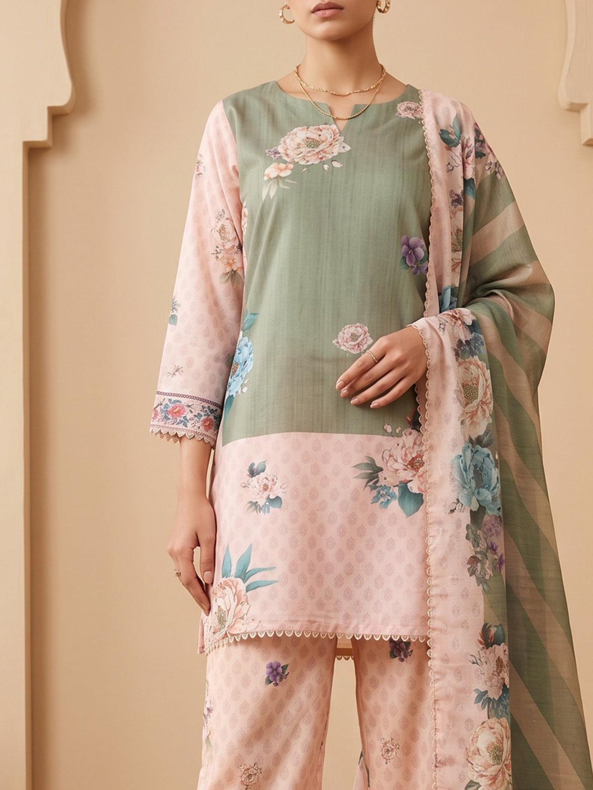 Peach Muslin Floral Print Round Neck Suit Set