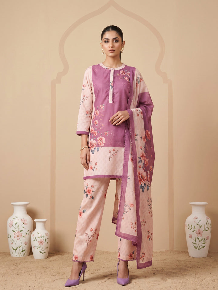 Peach Muslin Floral Print Collar Neck Suit Set