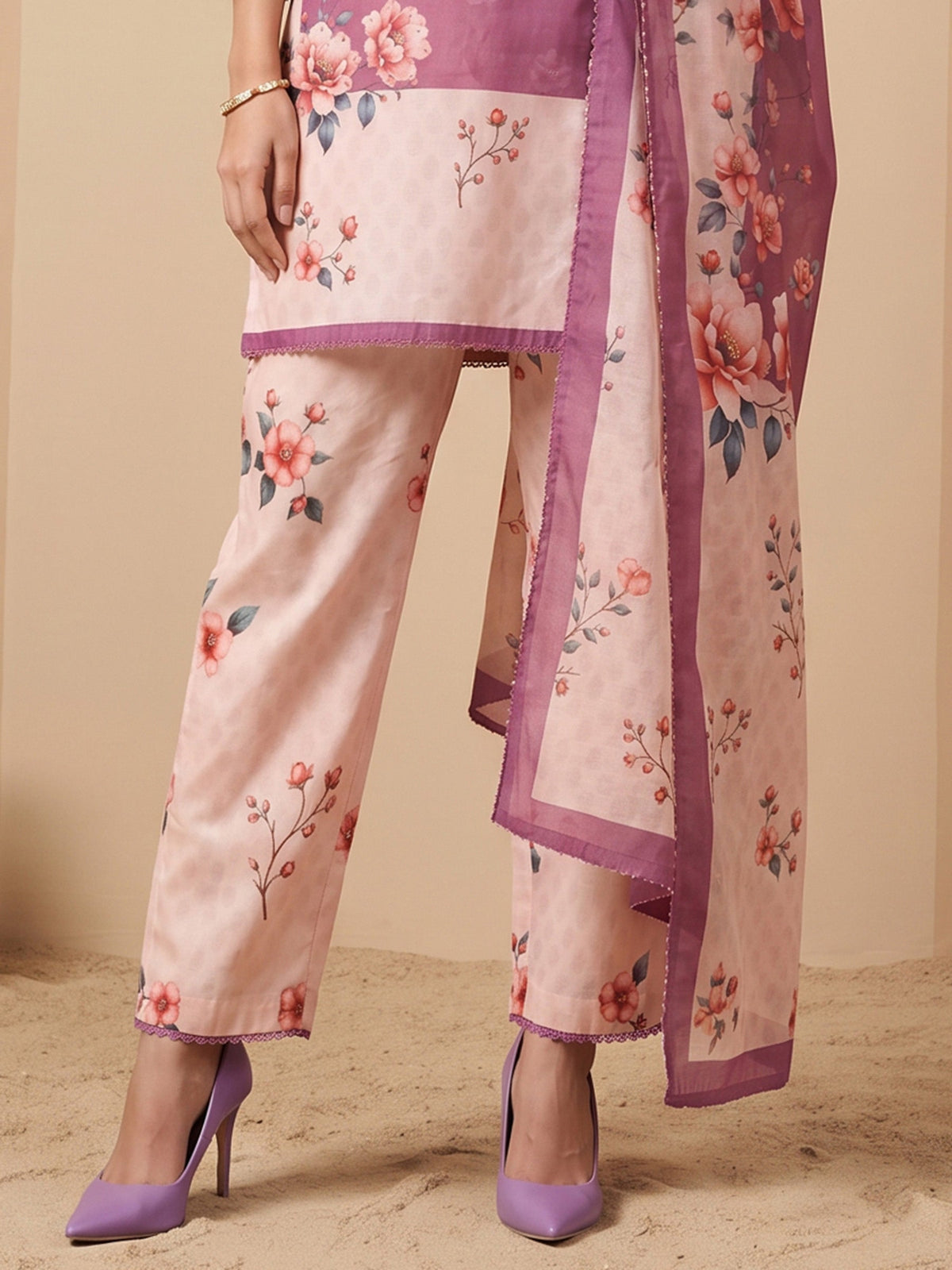 Peach Muslin Floral Print Collar Neck Suit Set