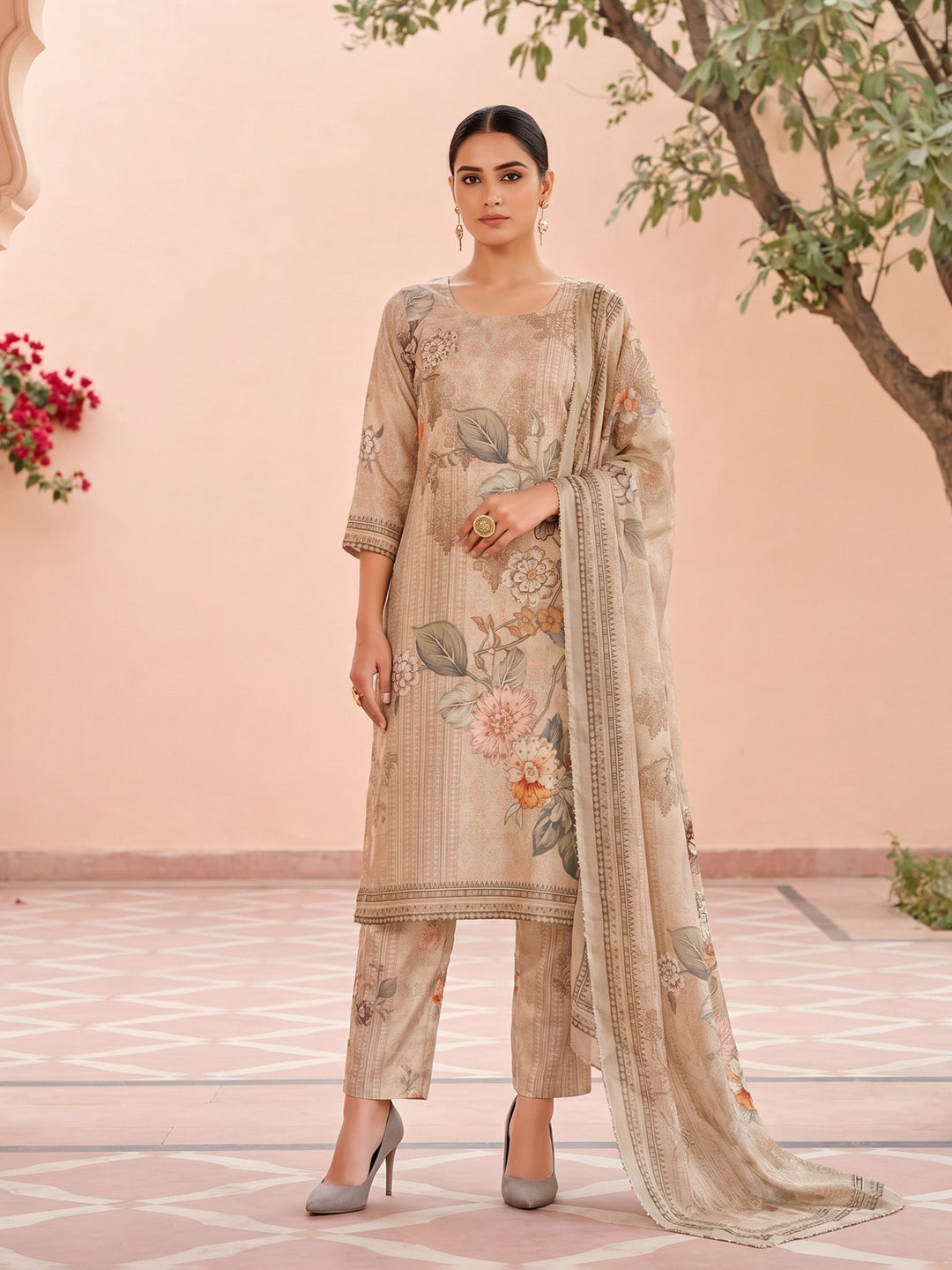 Brown Linen Floral Print Round Neck Suit Set