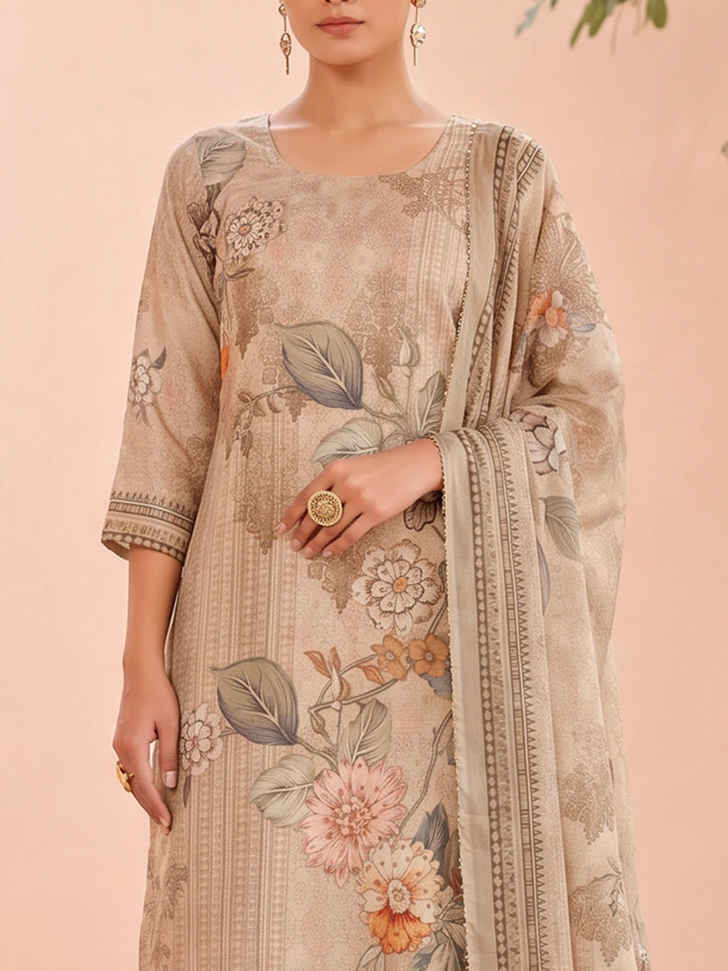 Brown Linen Floral Print Round Neck Suit Set
