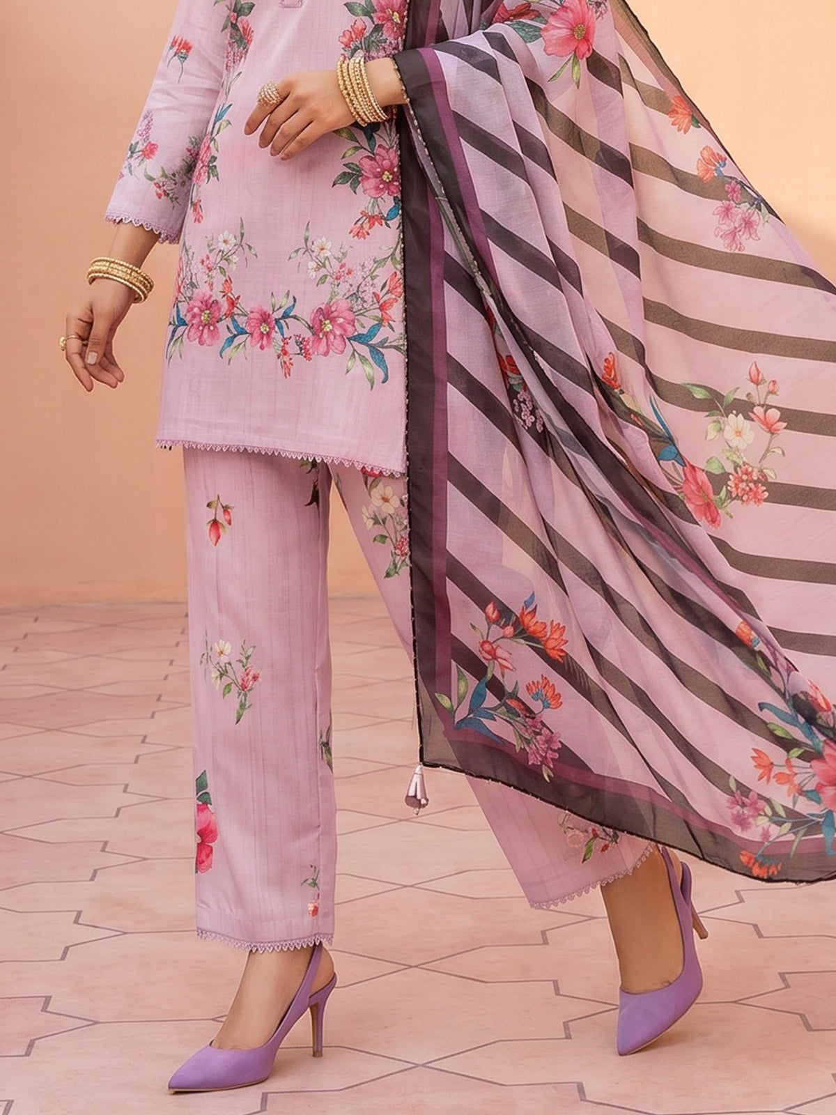 Lavender Muslin Floral Print Collar Neck Suit Set